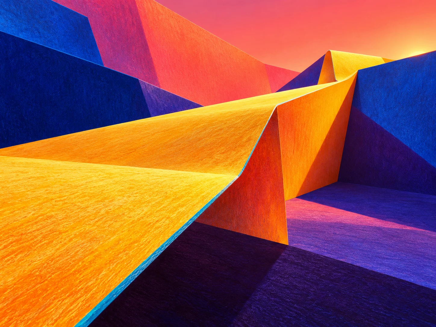 An imagined landscape of sculptural blue and violet cliffs with a golden path winding toward a coral sky.