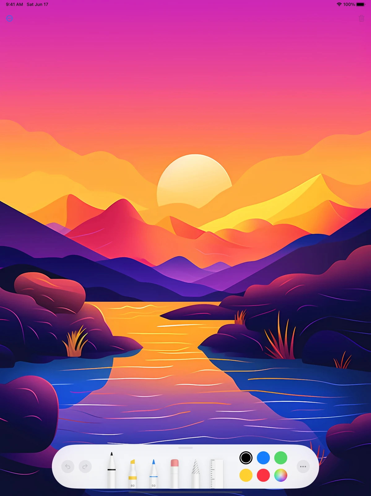 Doodle on iPad showing a colorful sunset landscape and the native drawing toolbar.